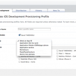 Indiquez un nom de provisioning profile que vous allez télécharger (à la fin de cette 24e étape). Cochez la case du certificat que vous avez obliatoirement installé sur votre Mac. Sélectionnez l'APP ID que vous avez déclaré/créé. Cochez les cases du ou des devices sur lesquels vous voulez autoriser l'installation de l'app de test. Cliquez ensuite sur le bouton Submit.   Lorsque vous avez cliqué sur le bouton Submit, vous revenez sur l'écran où figurent l'ensemble des provisioning profiles (étape précédente N°23), cliquez sur l'onglet Distribution (pour forcer le rafraichissement de l'écran) puis sur l'onglet Development. Cliquez maintenant sur le bouton Download (à droite de la ligne du provisioning profile) à charger.